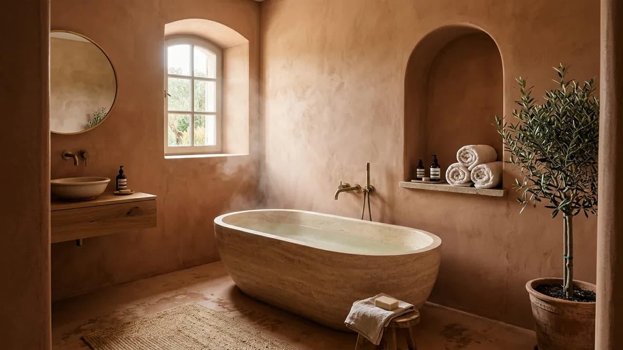 AI-generated interior design example — Boutique hotel bathroom, made with Nano Banana 2 on BananaBanana