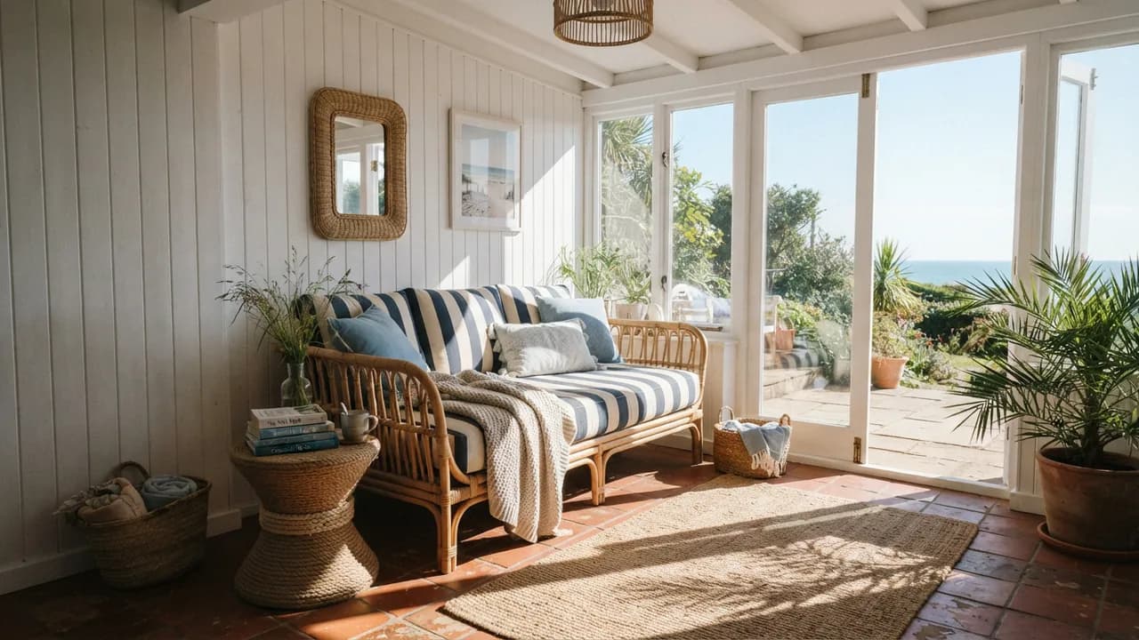 AI-generated interior design example — Coastal sunroom, made with Nano Banana 2 Lite on BananaBanana