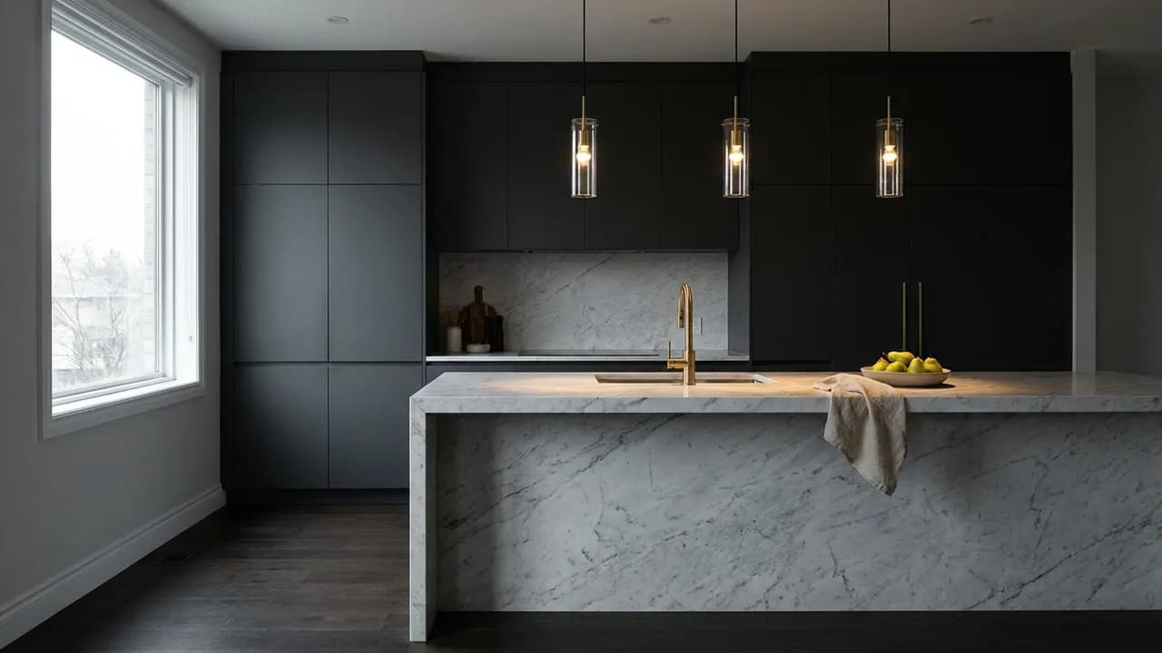 AI-generated interior design example — Dark modern kitchen, made with Nano Banana Pro on BananaBanana