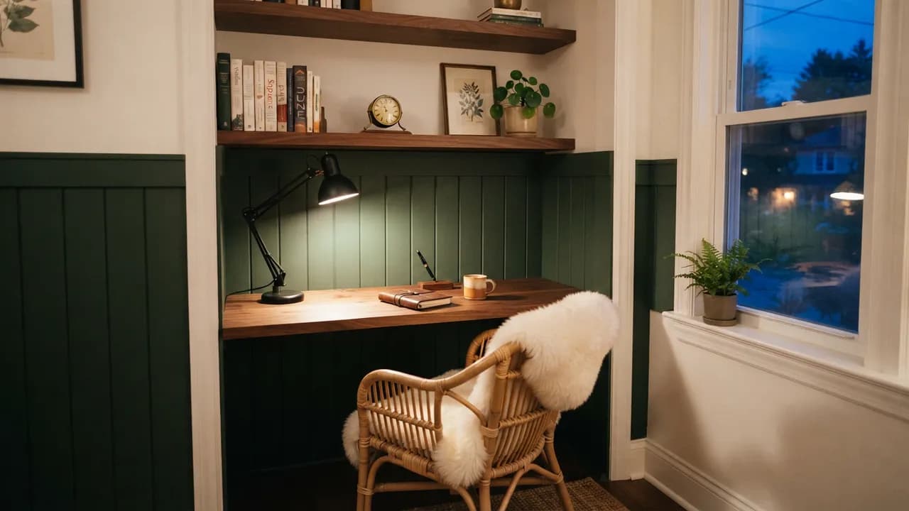 AI-generated interior design example — Home office nook, made with Nano Banana 2 Lite on BananaBanana