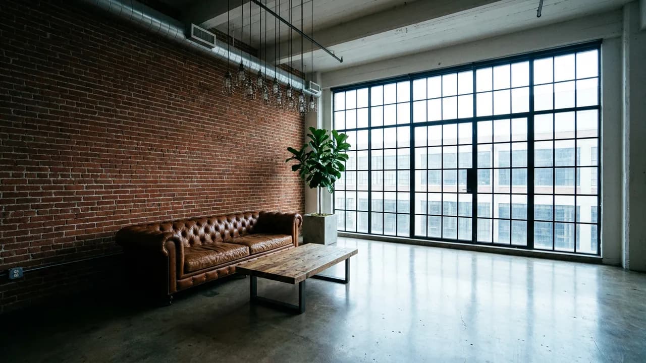AI-generated interior design example — Industrial loft living, made with Nano Banana Pro on BananaBanana
