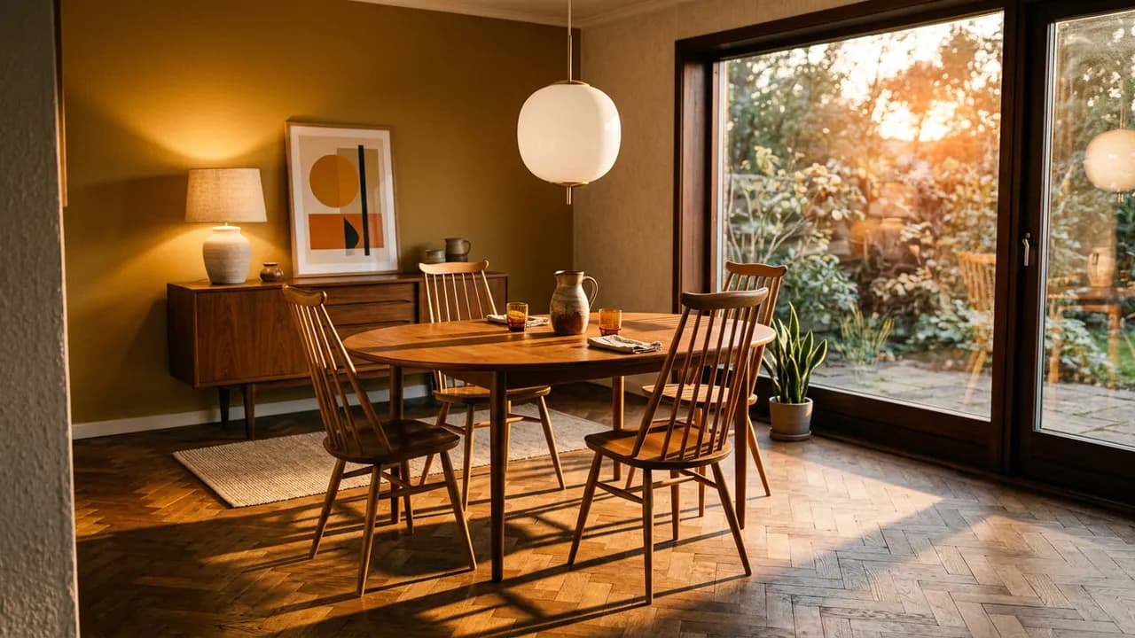 AI-generated interior design example — Mid-century dining room, made with Nano Banana 2 on BananaBanana