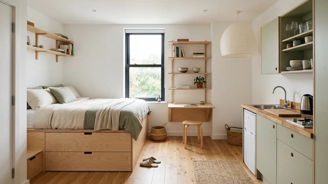 AI-generated interior design example — Small studio apartment, made with Nano Banana 2 on BananaBanana