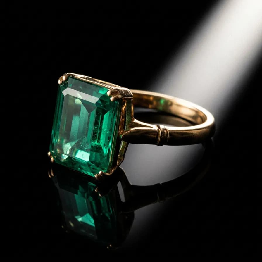 AI-generated jewelry photography example — Emerald ring on black, made with Nano Banana Pro on BananaBanana