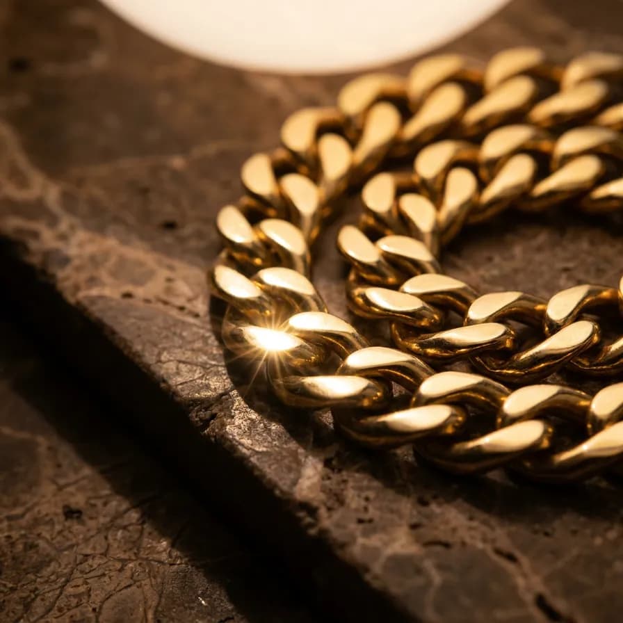 AI-generated jewelry photography example — Gold chain on stone, made with Nano Banana Pro on BananaBanana
