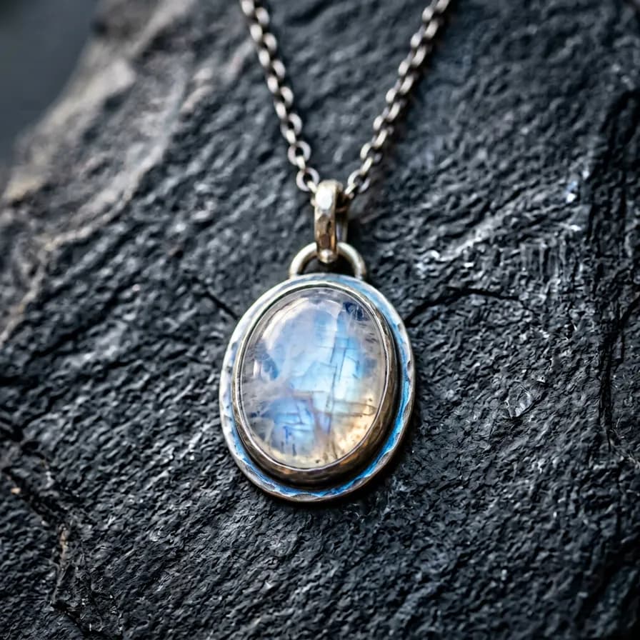 AI-generated jewelry photography example — Moonstone pendant, made with Nano Banana 2 on BananaBanana