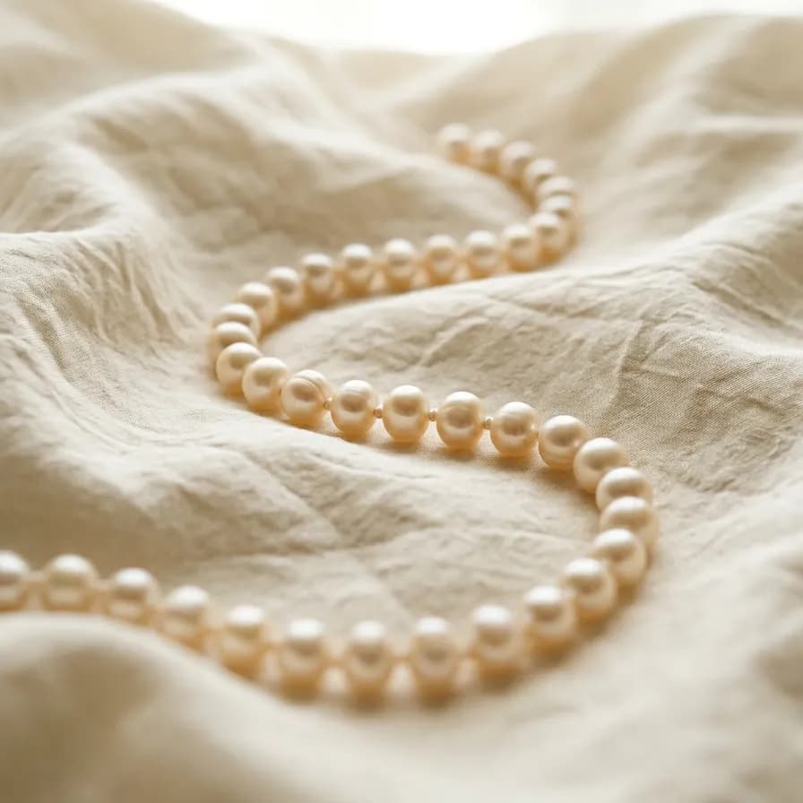 AI-generated jewelry photography example — Pearl strand on silk, made with Nano Banana 2 on BananaBanana
