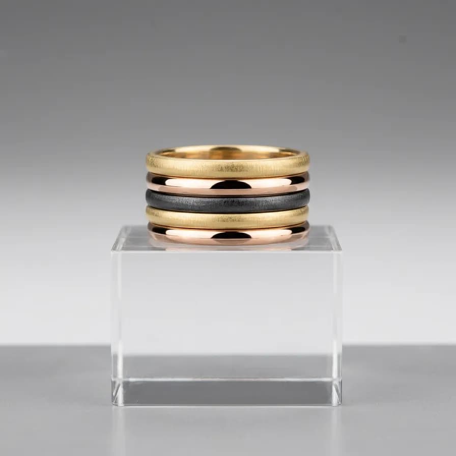 AI-generated jewelry photography example — Stacking rings, made with Nano Banana 2 on BananaBanana