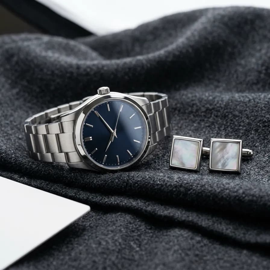 AI-generated jewelry photography example — Watch and cufflinks, made with Nano Banana 2 on BananaBanana