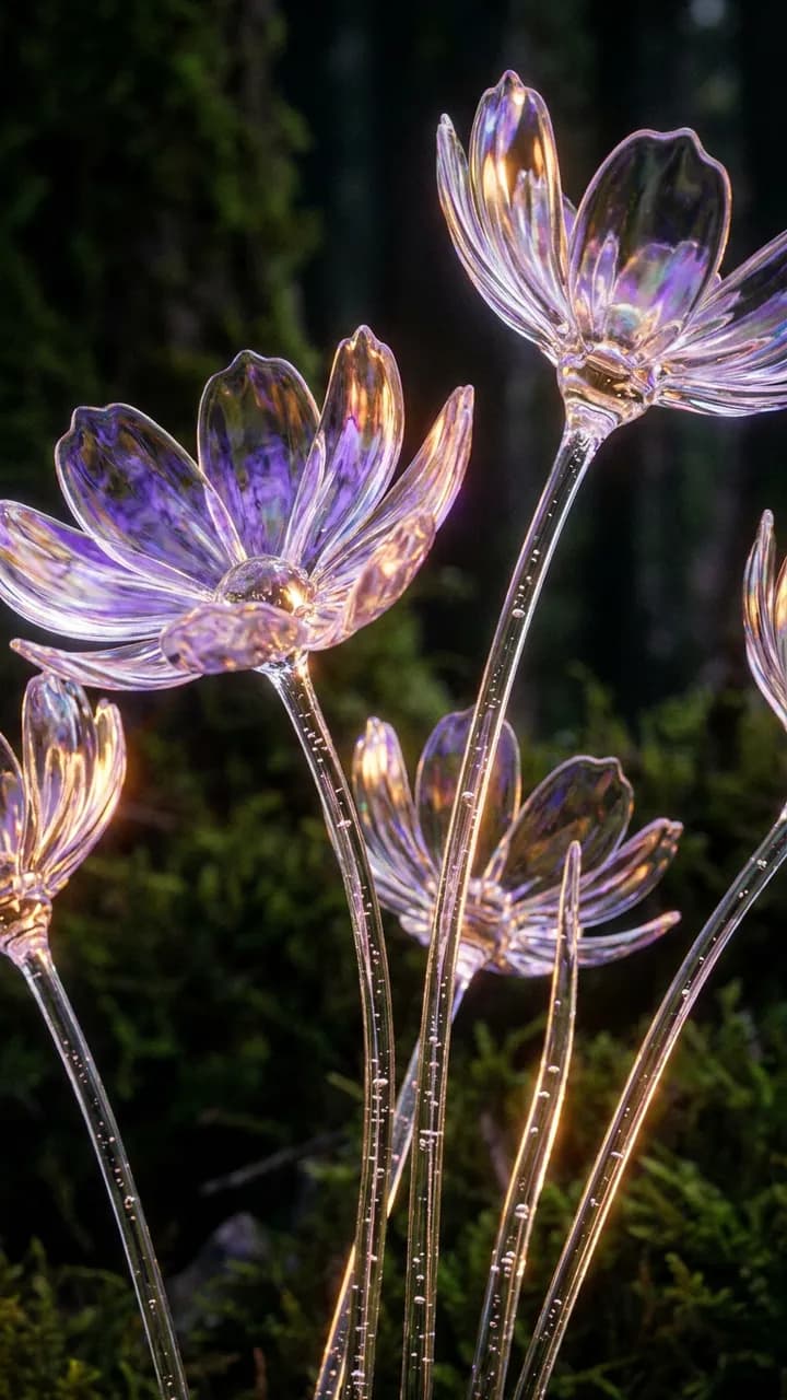 AI-generated phone wallpapers example — Glass flowers macro, made with Nano Banana Pro on BananaBanana