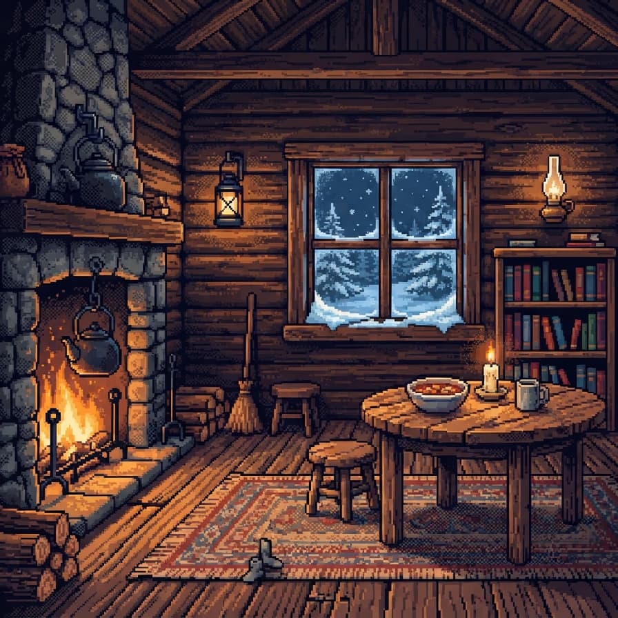 AI-generated pixel art example — Cozy cabin interior, made with Nano Banana 2 Lite on BananaBanana