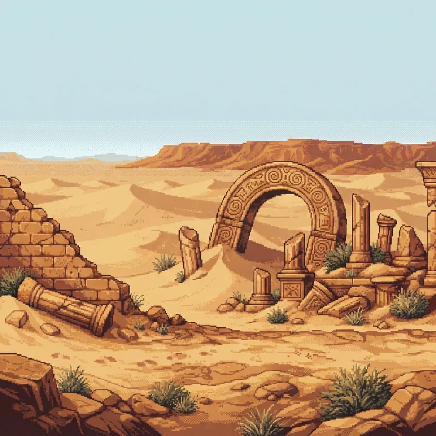 AI-generated pixel art example — Desert ruins, made with Nano Banana 2 Lite on BananaBanana