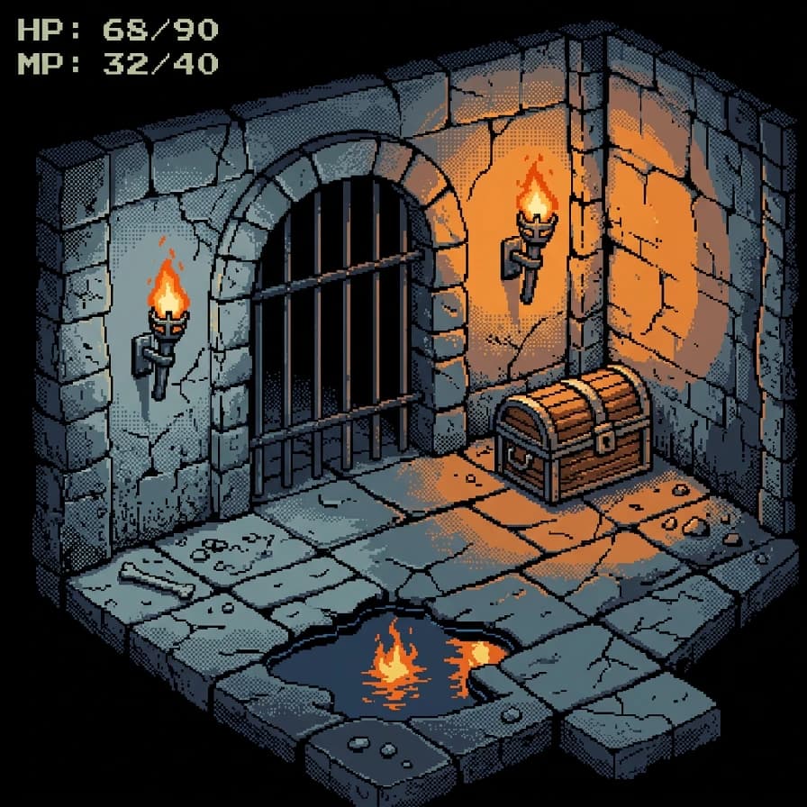 AI-generated pixel art example — Dungeon room, made with Nano Banana 2 on BananaBanana