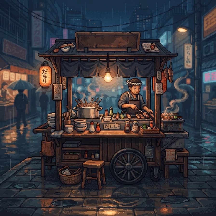 AI-generated pixel art example — Street food stall, made with Nano Banana 2 Lite on BananaBanana