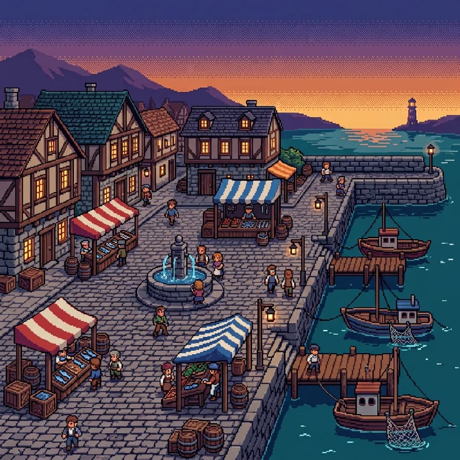AI-generated pixel art example — Harbour town at dusk, made with Nano Banana 2 on BananaBanana