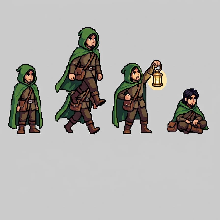 AI-generated pixel art example — Hero sprite poses, made with Nano Banana 2 on BananaBanana