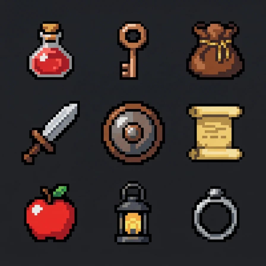 AI-generated pixel art example — Item icon sheet, made with Nano Banana 2 Lite on BananaBanana