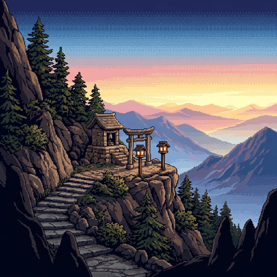 AI-generated pixel art example — Mountain shrine at sunrise, made with Nano Banana 2 on BananaBanana