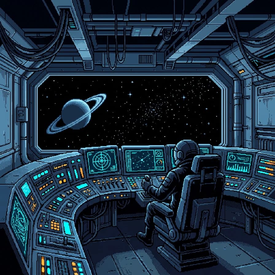 AI-generated pixel art example — Spaceship bridge, made with Nano Banana 2 on BananaBanana
