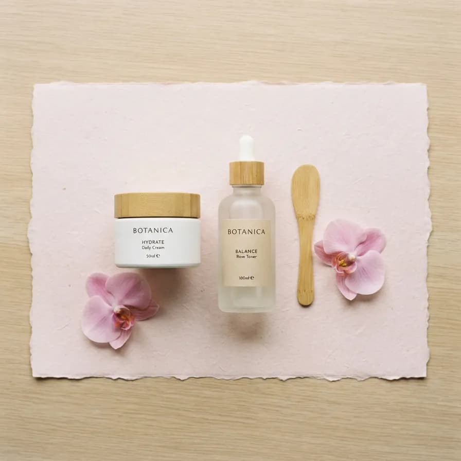 AI-generated product photography example — Skincare flat lay, made with Nano Banana 2 Lite on BananaBanana