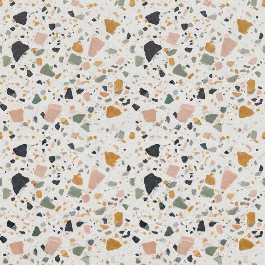 Contoh pola seamless hasil AI — Serpihan terrazzo, dibuat dengan Nano Banana 2 Lite di BananaBanana