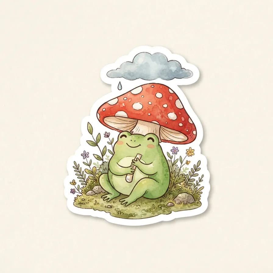 AI-generated stickers example — Cottagecore frog, made with Nano Banana 2 Lite on BananaBanana