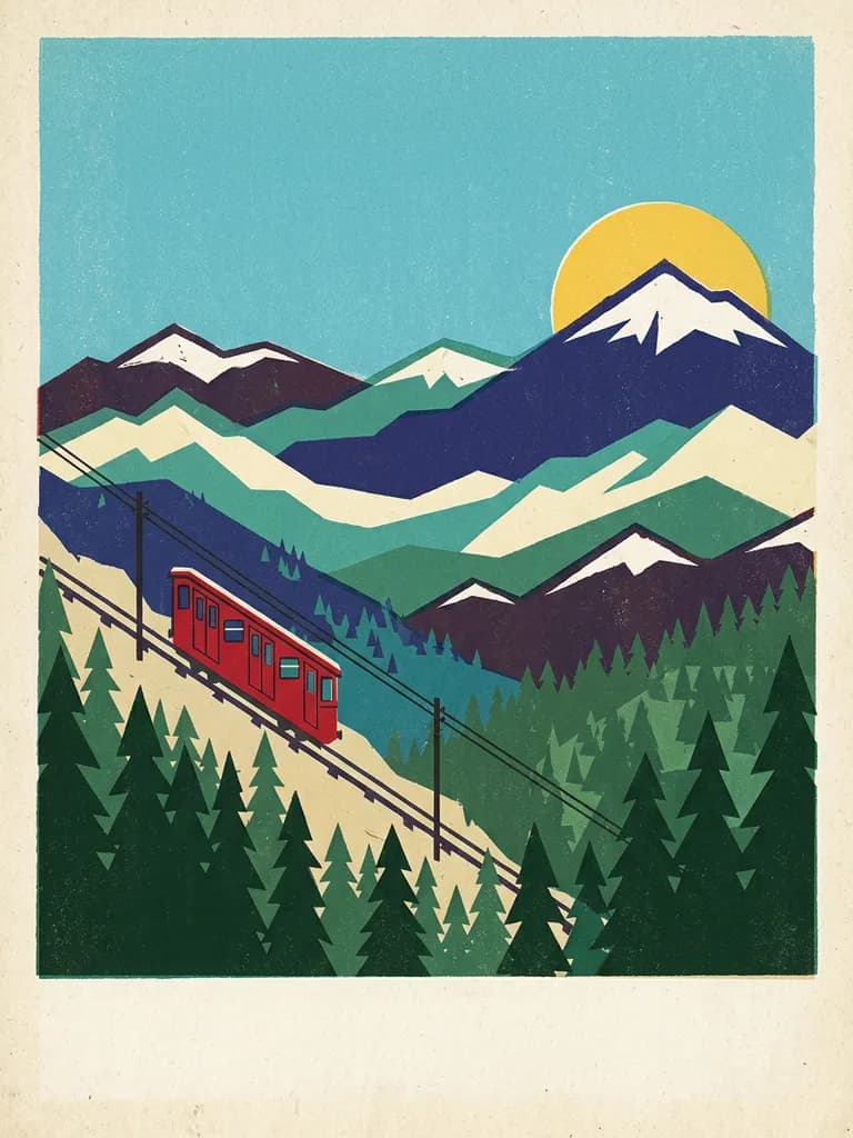 AI-generated travel posters example — Alpine funicular, made with Nano Banana 2 on BananaBanana