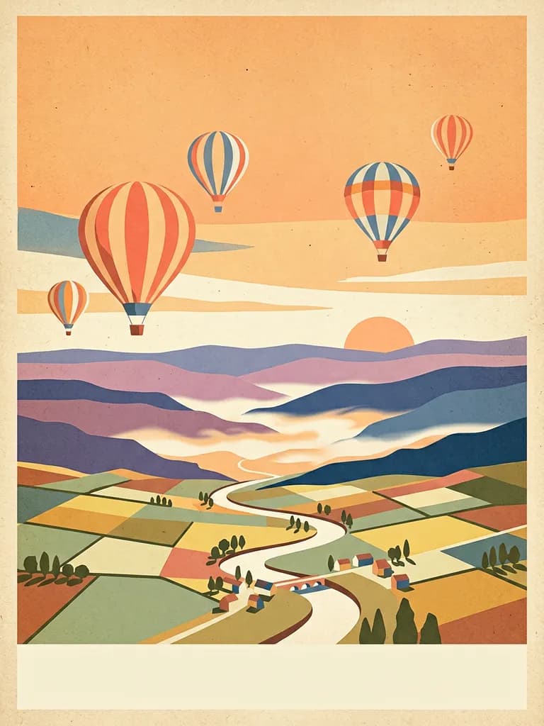 AI-generated travel posters example — Balloons over the valley, made with Nano Banana 2 on BananaBanana