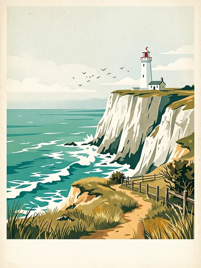 AI-generated travel posters example — Chalk cliffs and lighthouse, made with Nano Banana 2 on BananaBanana