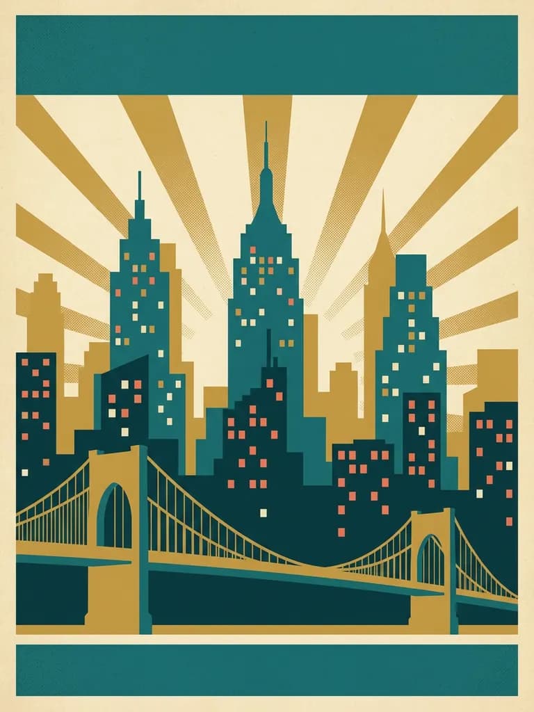 AI-generated travel posters example — Art deco city skyline, made with Nano Banana Pro on BananaBanana