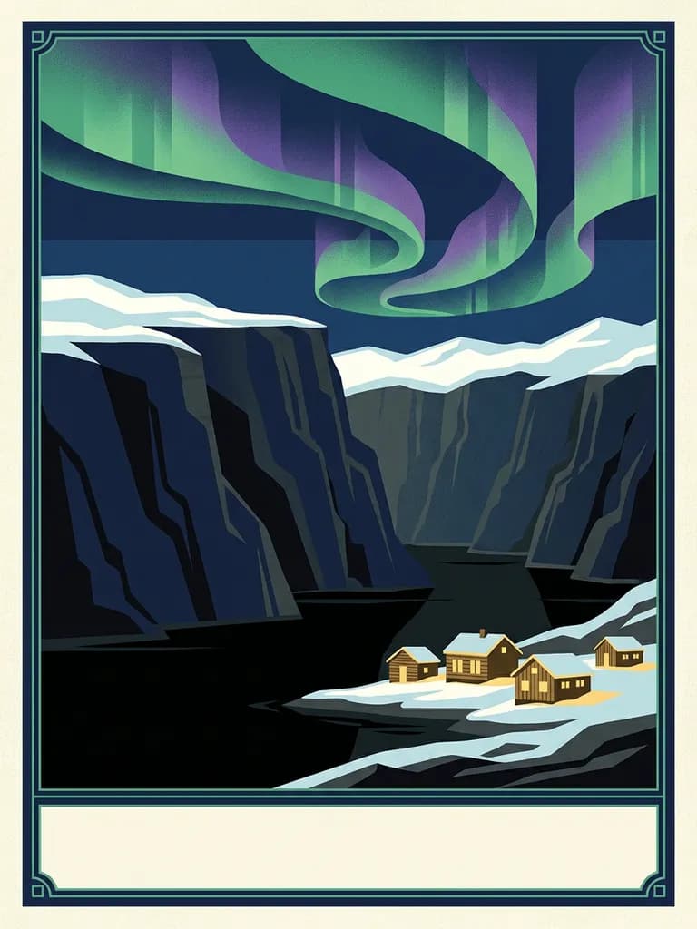 AI-generated travel posters example — Fjord under the aurora, made with Nano Banana Pro on BananaBanana