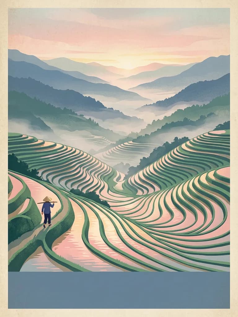AI-generated travel posters example — Rice terraces at dawn, made with Nano Banana 2 on BananaBanana