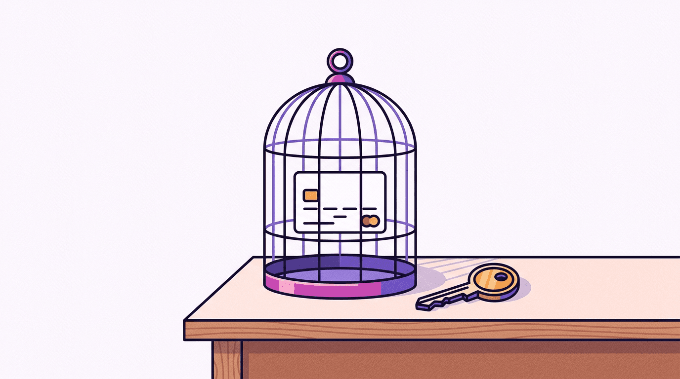 Bank card behind window bars while a key made of coins lies nearby, AI image generation locked behind credit card requirements
