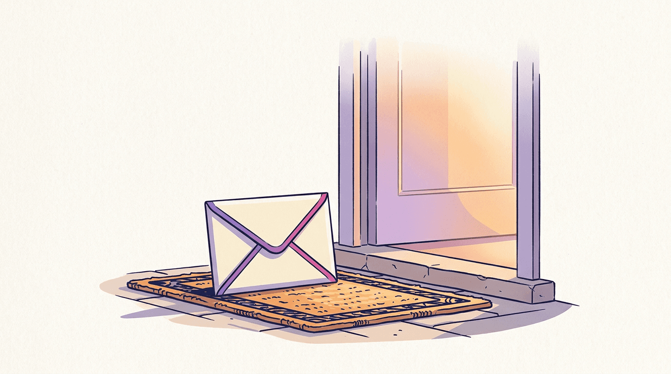 Single envelope on a doormat in front of an open door, email-only signup for an AI image generator with no credit card