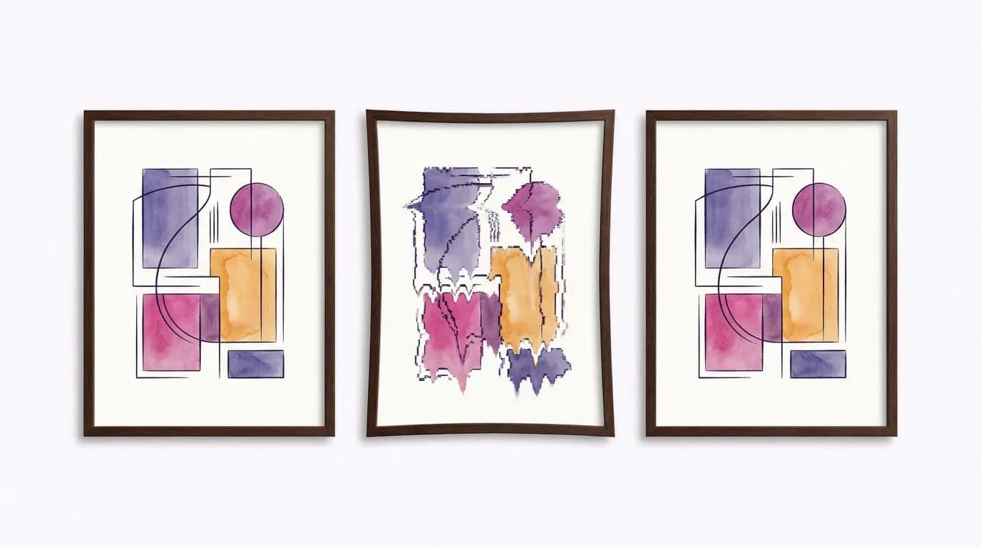A row of picture frames on a gallery wall, one frame containing a glitched distorted image while the others show clean artwork, editorial illustration style, soft pastel paper background, dark ink details, accents of violet fuchsia and warm amber, clean minimal composition, generous negative space, subtle grain, premium tech-magazine aesthetic, no text, no words, no logos