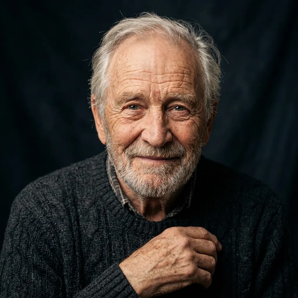 Elderly man portrait, Nano Banana 2 — similar warmth, slightly sharper wrinkle detail than Lite