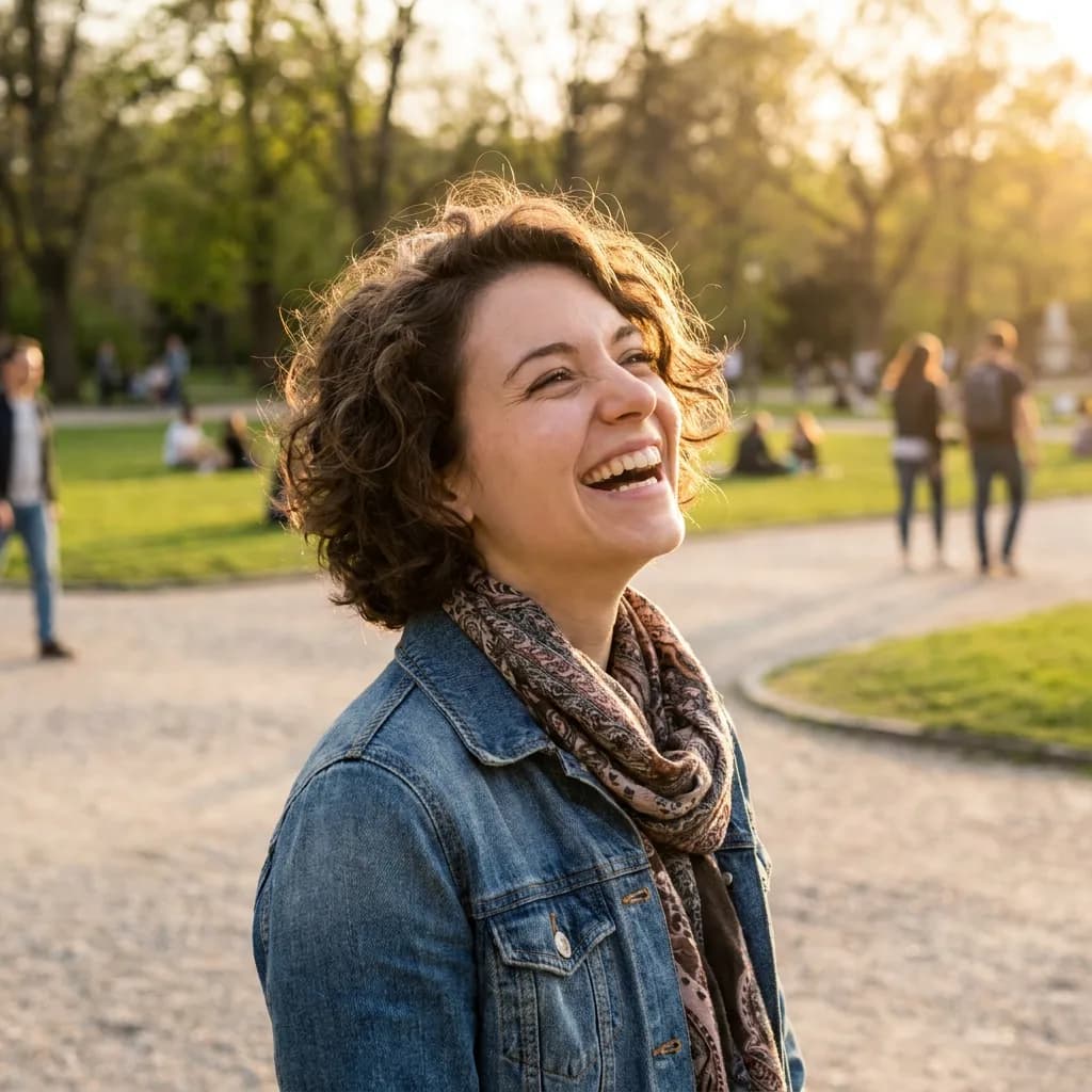 Young woman laughing in park, Nano Banana Pro