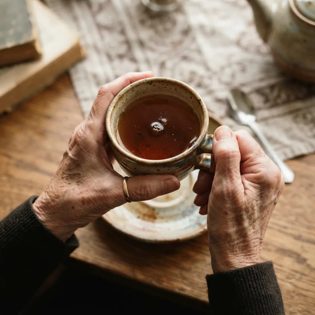 Elderly woman's hands holding ceramic tea cup, overhead close-up, Nano Banana 2 Lite