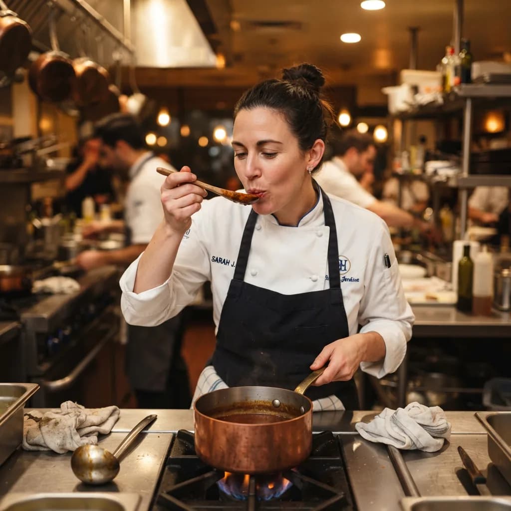 Chef in white coat tasting from wooden spoon, Nano Banana 2 Lite — legible name on coat, blurred professional kitchen behind, warm tungsten light