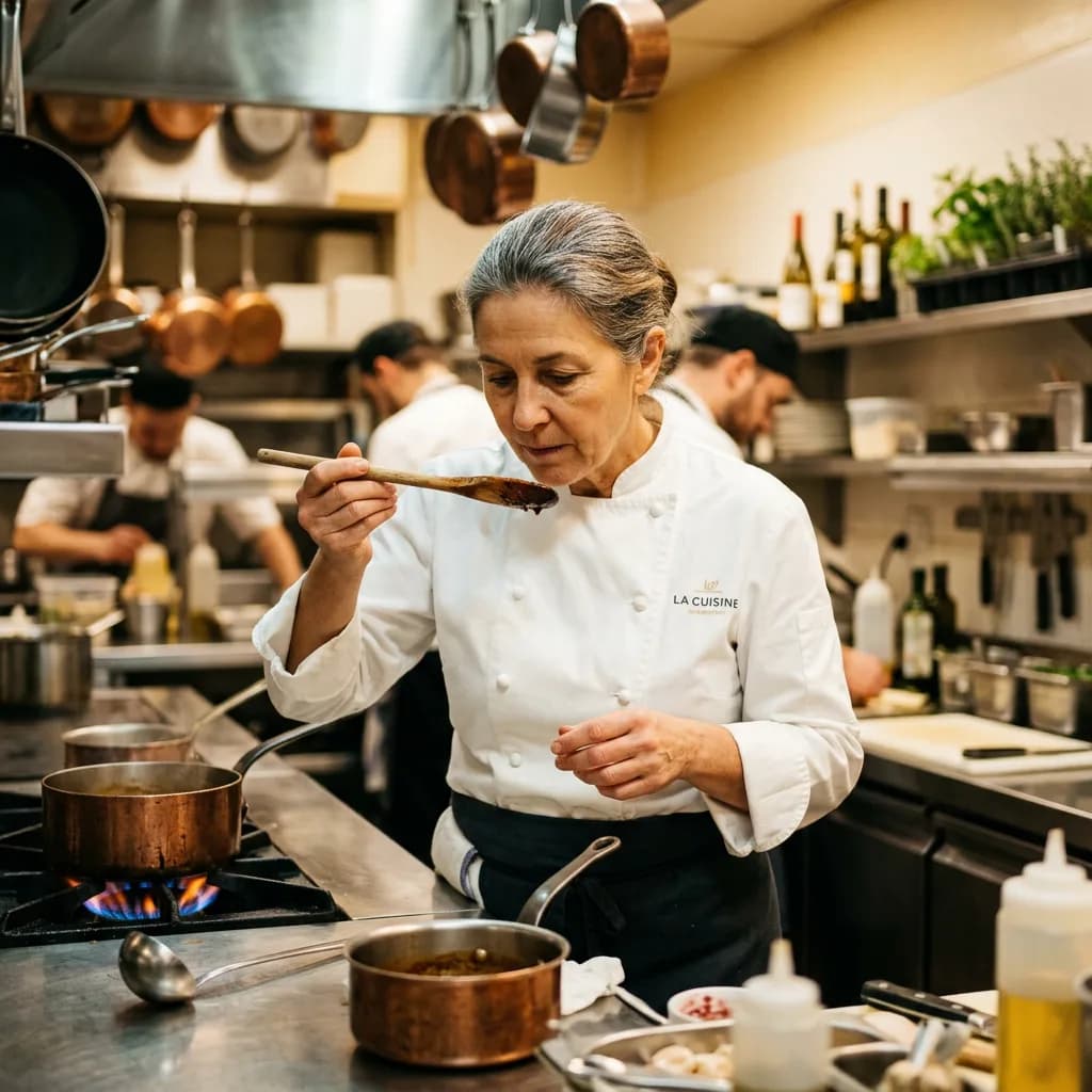 Chef in white coat tasting from wooden spoon, Nano Banana 2 — similar composition, slightly cleaner kitchen blur
