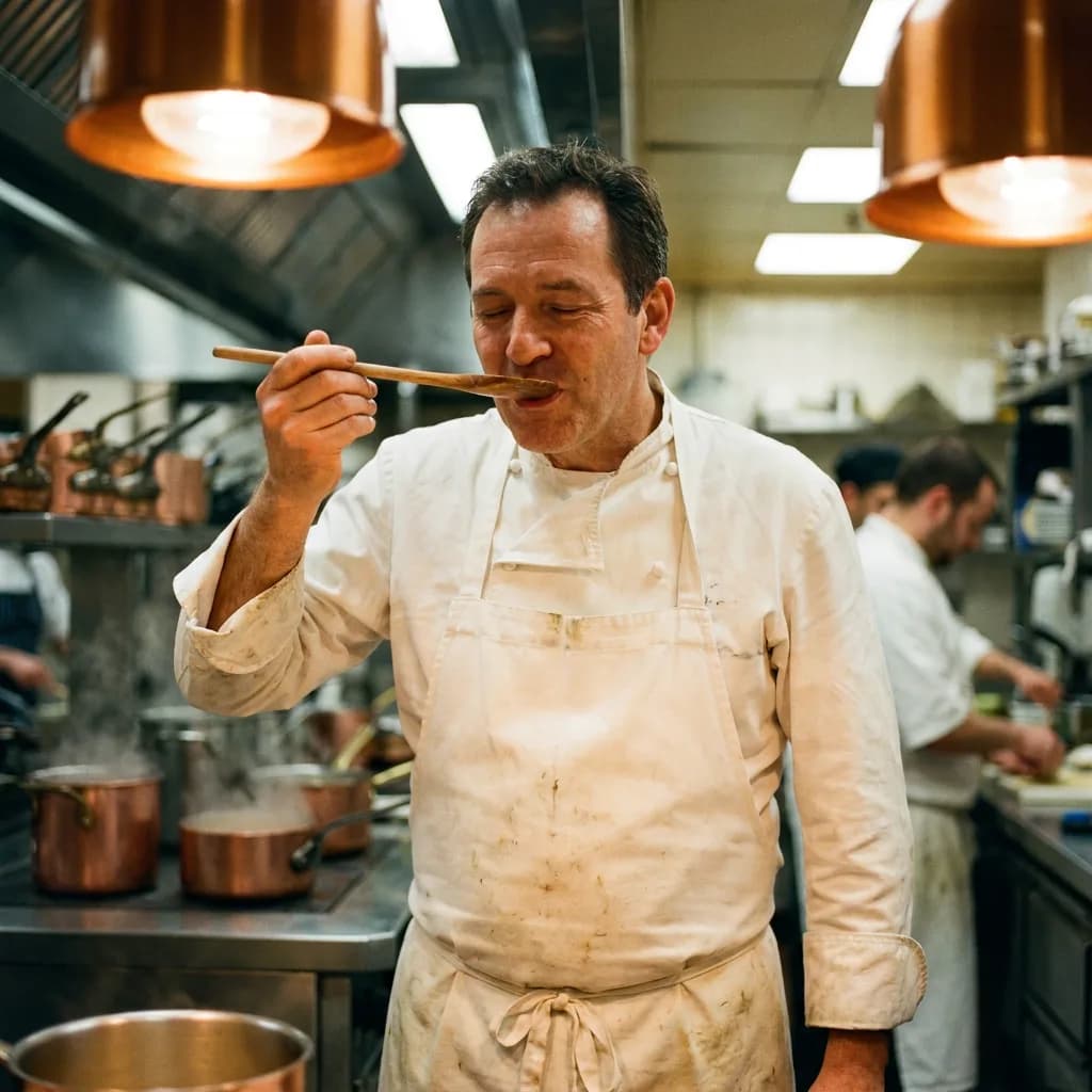 Chef in white coat tasting from wooden spoon, Nano Banana Pro — most natural expression and finest fabric detail on the coat