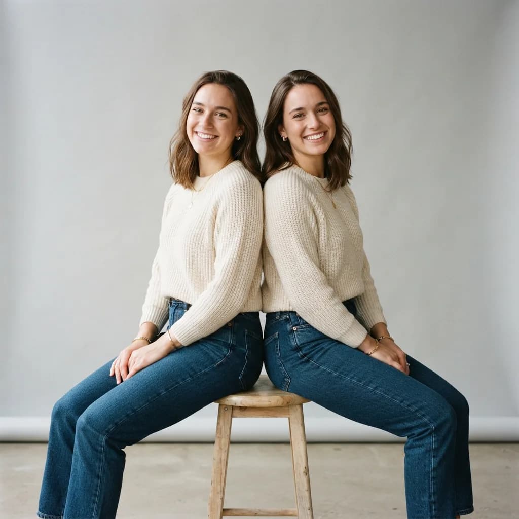 Two twins sitting back to back in matching outfits, Nano Banana 2 Lite — convincingly similar faces, matching sweaters