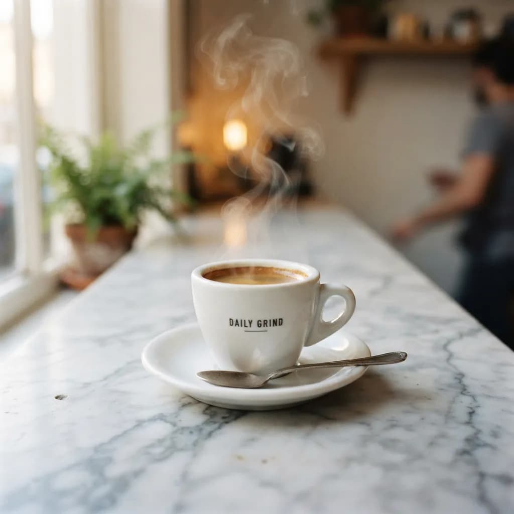 Espresso cup on marble, generated by Nano Banana 2 Lite — soft morning light, shallow depth of field, first attempt