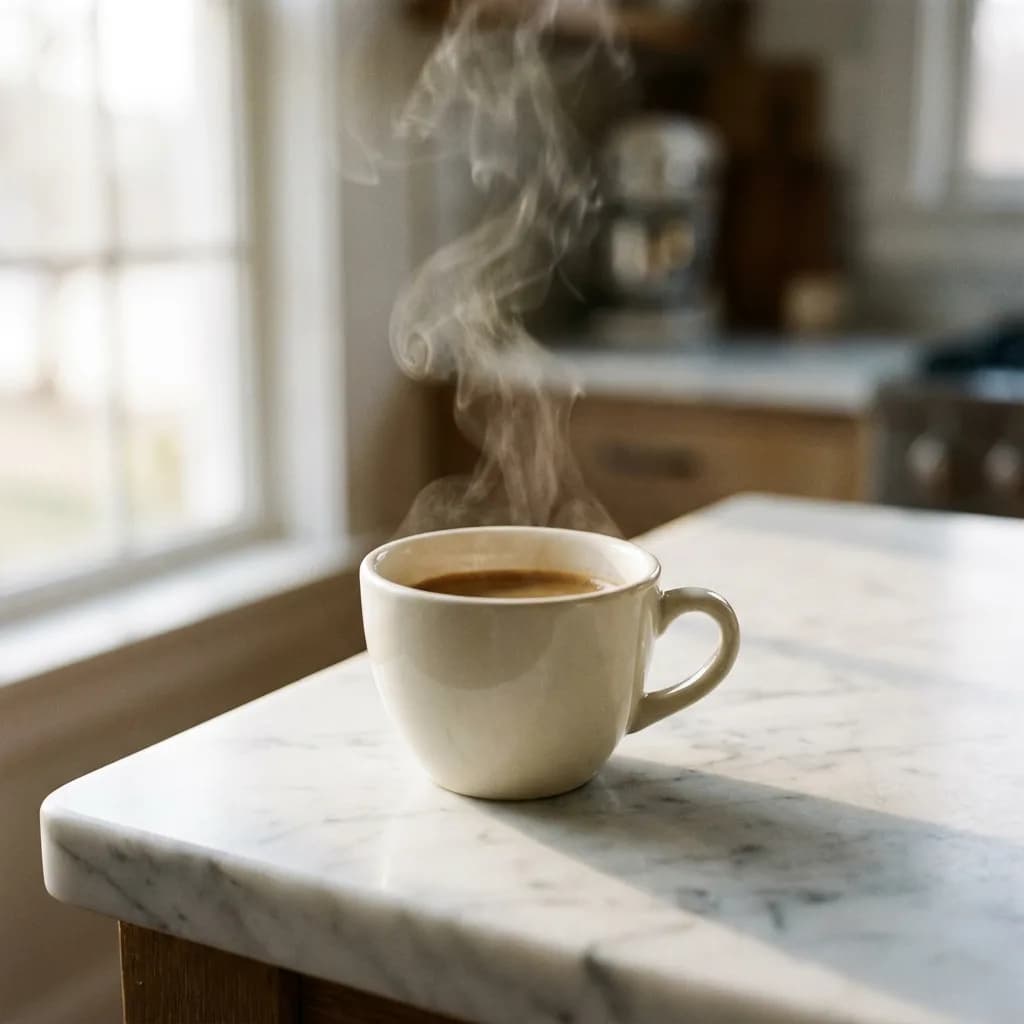 Espresso cup on marble, generated by Nano Banana Pro — cleanest marble veining and most accurate light falloff
