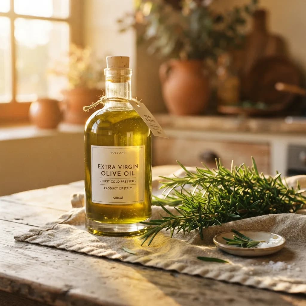 Glass bottle of olive oil beside rosemary on linen, Nano Banana 2 Lite