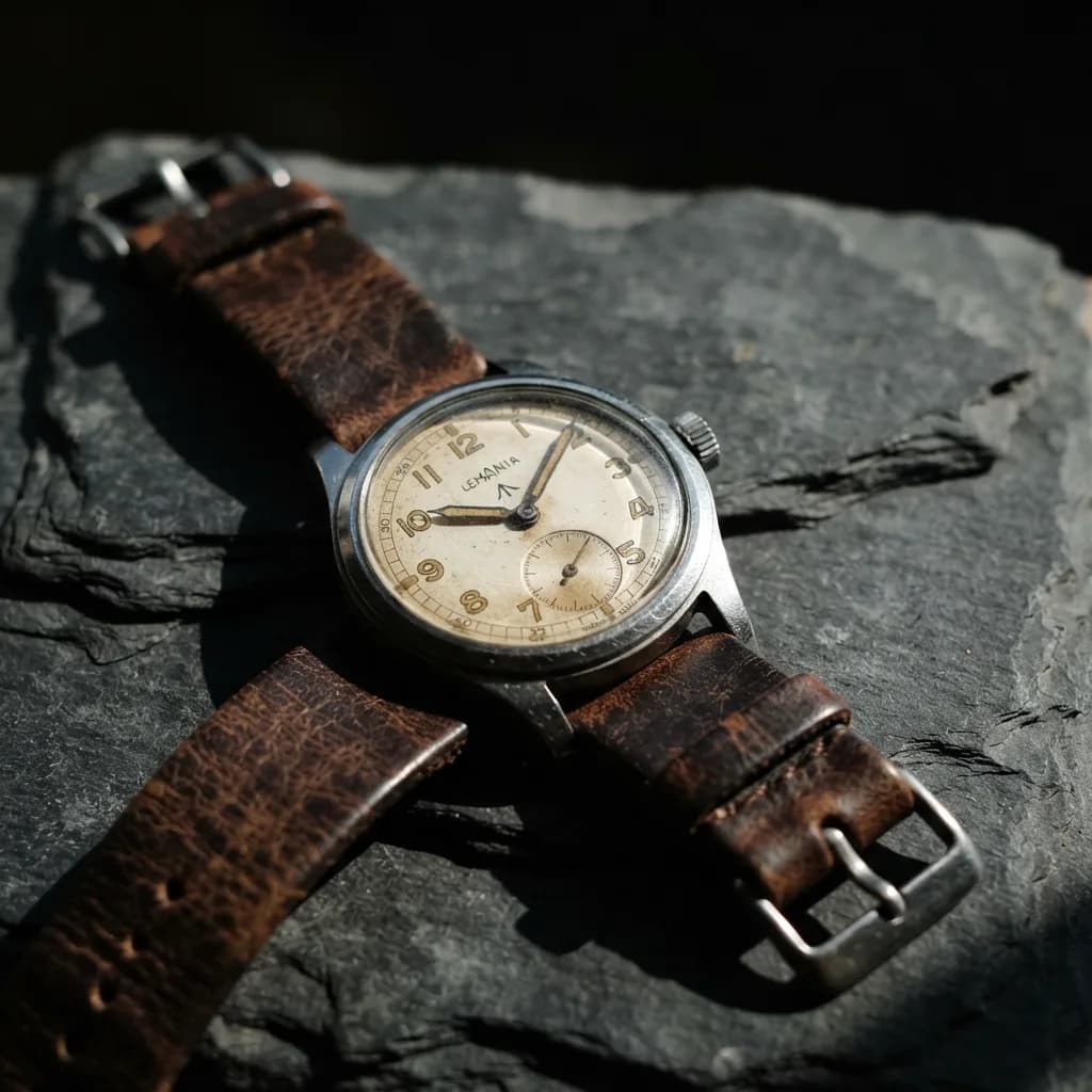 Vintage leather watch on dark slate, Nano Banana 2 Lite — good composition and strap texture, softer shadow falloff