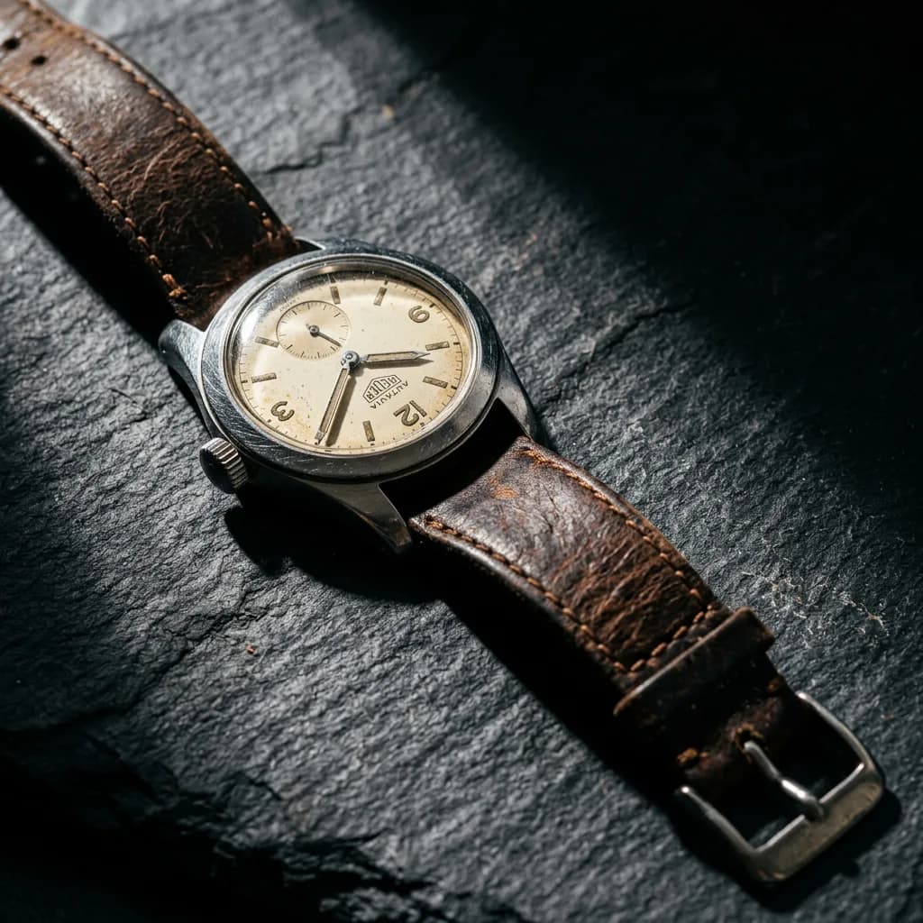 Vintage leather watch on dark slate, Nano Banana 2 — sharper shadow than Lite, slightly richer leather grain