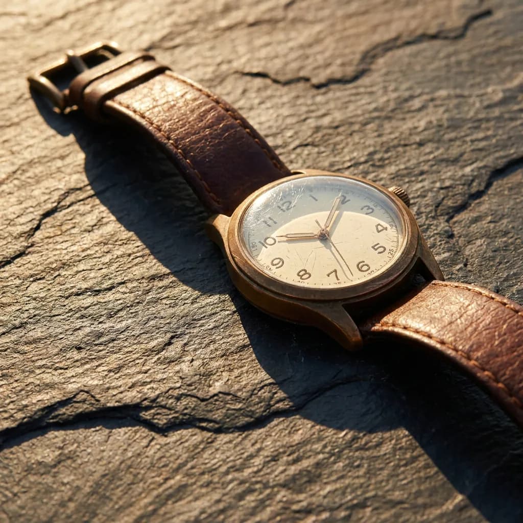 Vintage leather watch on dark slate, Nano Banana Pro — hardest shadow casting, legible dial numbers, most convincing worn-leather grain