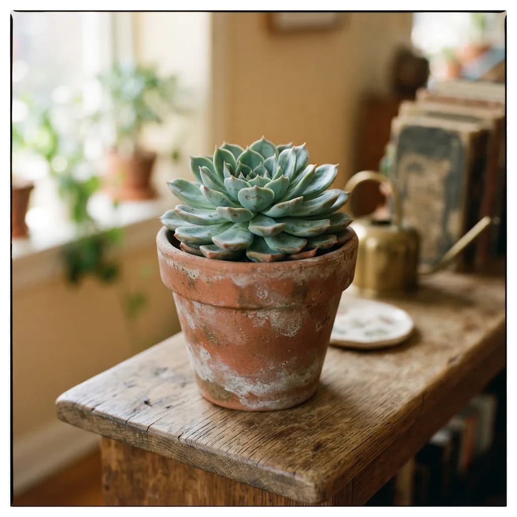 Potted succulent in terracotta pot on wooden shelf, Nano Banana 2 Lite — clean natural daylight, sharp leaf edges