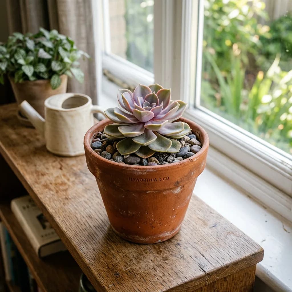 Potted succulent in terracotta pot on wooden shelf, Nano Banana 2 — slightly warmer tones, same composition quality